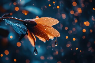 Poster - Raindrops glisten on a vibrant flower petal amidst a soft background of blurred lights during a rainy evening