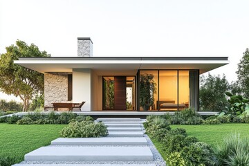Poster - Modern house design with large windows and landscaped garden in bright daylight showcasing contemporary architecture