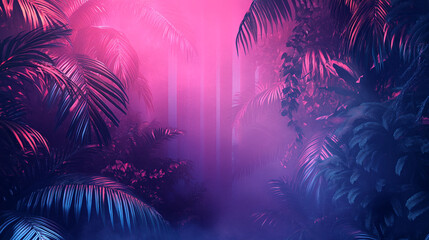 Poster - Futuristic neon-lit jungle with glowing pink and blue lights piercing through the mist, creating a surreal and vibrant tropical atmosphere.