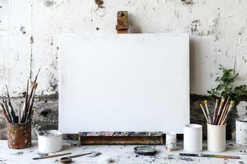 Fototapete - Bright and inviting art studio workspace ready for creativity with brushes, paints, and an empty canvas awaiting inspiration
