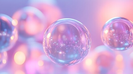 Wall Mural - transparent bubbles floating within a soft pink and purple background