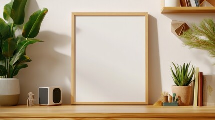 Poster - A blank rectangular picture frame with a light wood finish is centered against a light-colored wall, surrounded by potted plants and decorative objects on a wooden surface