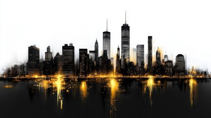 Poster - A stylized, panoramic silhouette of a city skyline is rendered in black against a white background, with golden highlights reflecting at the base, suggesting a body of water