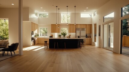 Poster - A bright, modern kitchen with light wood cabinetry and a dark island is featured in a spacious room with high ceilings and large windows, leading to an outdoor patio