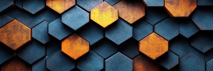 Poster - Graphic pattern featuring hexagons in various shades of blue and orange with a textured finish