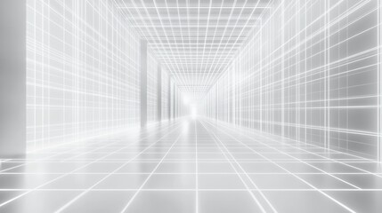 Leinwandbilder - An endless hallway lit by radiant strands of interconnected white-grid pathways crisscrossing mid-air