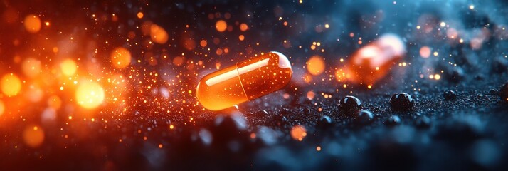 Poster - Bright orange capsule surrounded by glowing particles on a dark surface at night