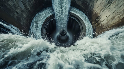 Wall Mural - A close-up of a water turbine spinning rapidly under strong currents inside a dam.