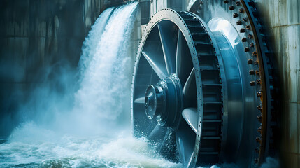 Wall Mural - A close-up of a water turbine spinning rapidly under strong currents inside a dam.