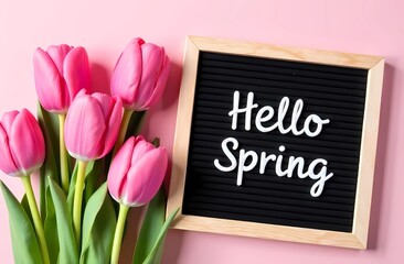  A chalkboard with “Hello Spring” and pink tulips create a bright and fresh spring concept