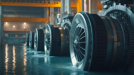 Wall Mural - A close-up of the turbines inside a hydroelectric power plant showcasing intricate machinery.