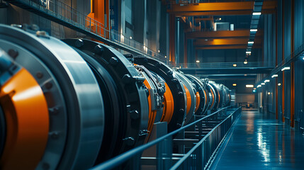 Wall Mural - A close-up of the turbines inside a hydroelectric power plant showcasing intricate machinery.