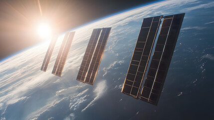 Wall Mural - A conceptual image of solar panels in space orbiting Earth and capturing sunlight.
