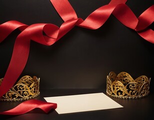 Wall Mural - Elegant golden crowns with red ribbons and a blank card on a dark background.