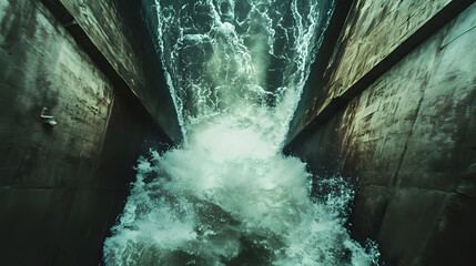 Wall Mural - A dynamic image of water gushing through hydroelectric dam gates during peak operation.