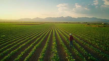 Wall Mural - A farmer using solar panels to power irrigation systems in a vibrant agricultural field.