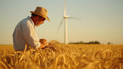 Wall Mural - A farmer working near a wind turbine in a golden wheat field under a clear sky.