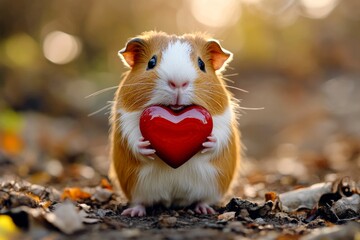 Wall Mural - Guinea pig - my cherished animal. Cute guinea pig baby with diamond red heart on in a natural habitat. Digital ads animal conceptual art. Sweet and romantic nature shot. Loving animals.