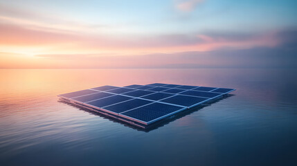 Wall Mural - A futuristic concept of floating solar panels on a calm lake with reflections on the water.