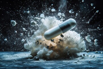 Poster - A white pill capsule breaks apart in mid-air, explosively releasing a cloud of powder and dust in a dramatic display with dark lighting
