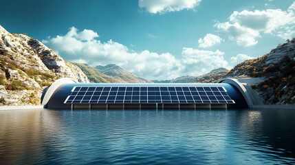 Wall Mural - A futuristic hydroelectric plant design with solar panels installed on the dam surface.