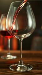 Fototapete - Super Slow Motion of Pouring Red Wine into Glass. Filmed on High Speed Cinema Camera, 1000 fps. Wine Cellar on Background. Vertical Aspect Ration.
