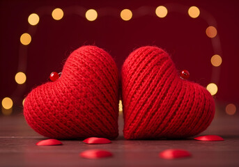 Wall Mural - Two cozy red heart decorations sit together, symbolizing love and friendship, perfect for Valentine's Day or romantic settings.