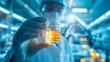 © WiiTforce - Researcher in a white lab coat holding a glass vial containing biofuel conducting advanced chemical analysis and testing in an innovative energy research laboratory setting