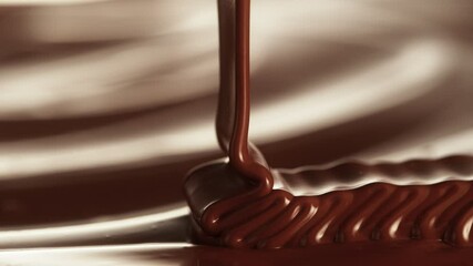Poster - Super Slow Motion of Pouring Hot Melted Chocolate, Creating Waves Shapes, Filmed on High Speed Cinema Camera, 1000 fps. Camera in Motion. Extreme Macro Shot.