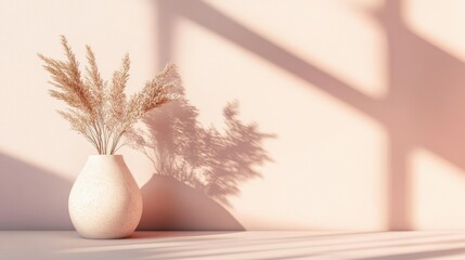 Poster - Minimalist interior decor with ceramic vase and dry plant, minimal shadows on the wall neutral pink 3d rendering aesthetic background