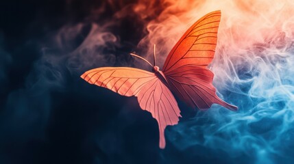 Poster - Shining butterfly from paper on a dark background with gradient warm and cold smoke. Magical creature concept with copy space