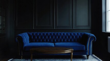 Poster - A luxurious blue velvet sofa paired with an elegant coffee table set against a dark wall.