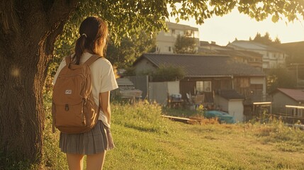 Wall Mural - Young woman standing outside looking towards a small town