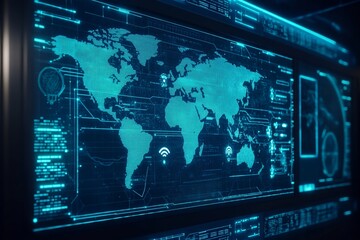 Poster - Global Network Digital World Map Futuristic Technology Interface Screen Display Blue Digital Data Visualization Modern Abstract Background Digital Art