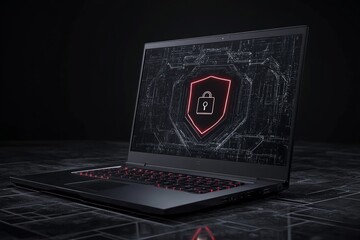 Poster - Cybersecurity Digital Shield Laptop Screen Red Neon Light Technology Data Protection Secure Online Privacy Modern Dark Background Powerful Computer   