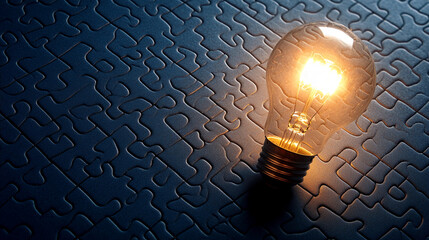 Poster - Close-up view of a glowing lightbulb placed on a puzzle piece surface, symbolizing problem solving, innovation, and creative thinking.