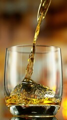 Fototapete - Super Slow Motion of Pouring Whiskey into Glass. Filmed on High Speed Cinema Camera, 1000 fps. Bar on Background, Low Depth of Focus. Vertical Aspect Ratio.
