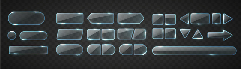 Leinwandbilder - Glass buttons set for game and web. Transparent shapes with broken glass isolated on dark background. Different glass symbols with glares and light