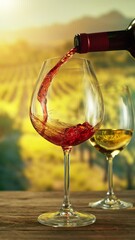 Poster - Super Slow Motion of Pouring Red Wine into Glass. Filmed on High Speed Cinema Camera, 1000 fps. Vineyard on Background. Speed Ramp Effect. Vertical Aspect Ratio.