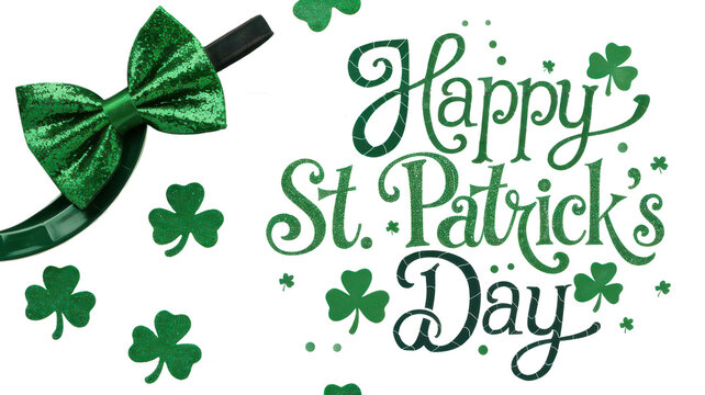 lustration for Saint Patricks Day celebrations with Treasure of Leprechaun, Pot Full of Golden Coins, Green Hat and Shamrock. Calligraphic Lettering Happy St Patricks Day