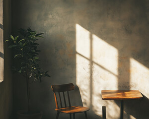 Aufkleber - Still life of a cozy cafe nook with a wooden chair, small table, and plant beside a textured wall with natural sunlight streaming through the window showcasing a calm and peaceful atmosphere