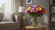 © Yury - Vibrant bouquet of colorful gerbera daisies in a clear vase enhancing the cozy living room ambiance with natural light streaming through the curtains