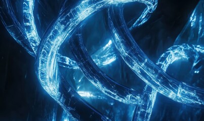 Wall Mural - Abstract futuristic composition of glowing DNA strands in neon blue tones, symbolizing cutting-edge technology and scientific advancement