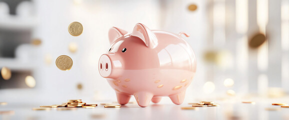 Poster - Piggy bank with coins falling, symbolizing savings, financial growth, and wealth accumulation in a modern economic context.