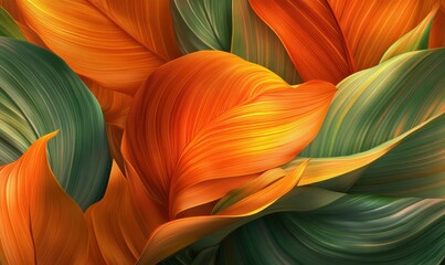 Wall Mural - artistic flat-lay of tropical leaves in vibrant orange and green tones, softly illuminated by warm n