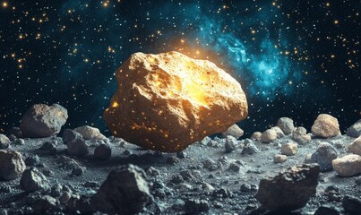 Wall Mural - a glowing asteroid floating amidst a field of smaller rocks, set against the backdrop of a starry sk