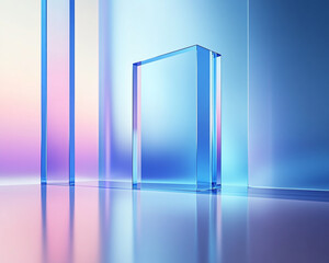 Fototapete - Abstract futuristic image of transparent blue and purple glass-like blocks, symbolizing technology, innovation, and modern design in a minimalistic style.