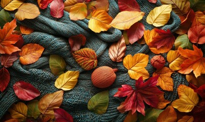 Wall Mural - autumn-themed flat lay of colorful leaves, warm knitted scarves, and cozy seasonal textures, natural