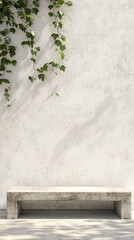Poster - A simple stone bench against a clean white wall with green ivy creeping down, symbolizing minimalism, tranquility, and nature in an urban outdoor setting.