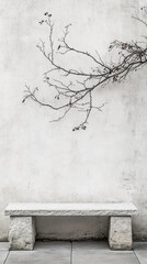 Poster - A stone bench placed against a minimalist white wall with a sparse branch extending from the side, symbolizing solitude, simplicity, and quiet reflection in a peaceful setting.